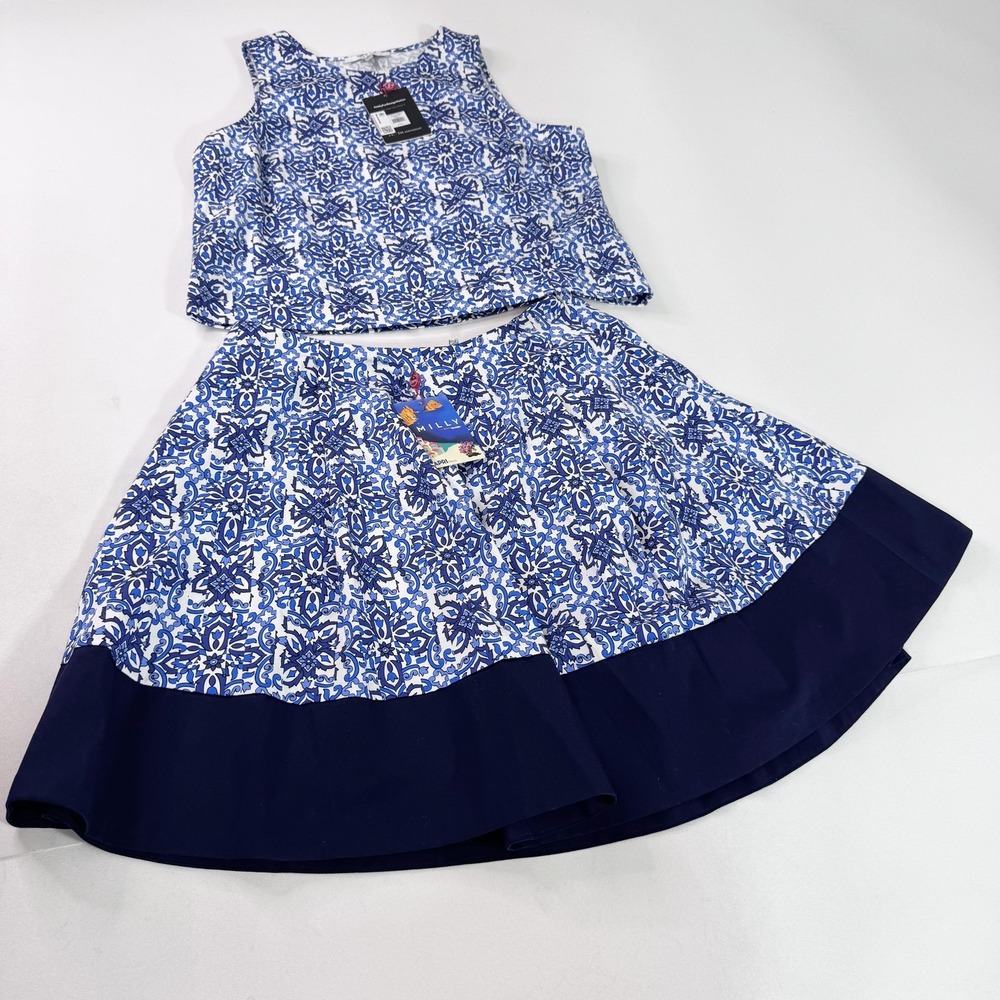 Milly Skirt Tank Set Womens Large Blue‎ Combo Floral Pleated Stretch Outfit